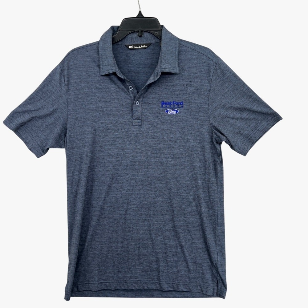 TravisMathew Polo Shirt Mens Medium Blue Heathered Ford Logo Performance Stretch
